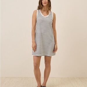 Pact Softspun A-Line Tank Dress Striped Organic Cotton M White Blue Coastal